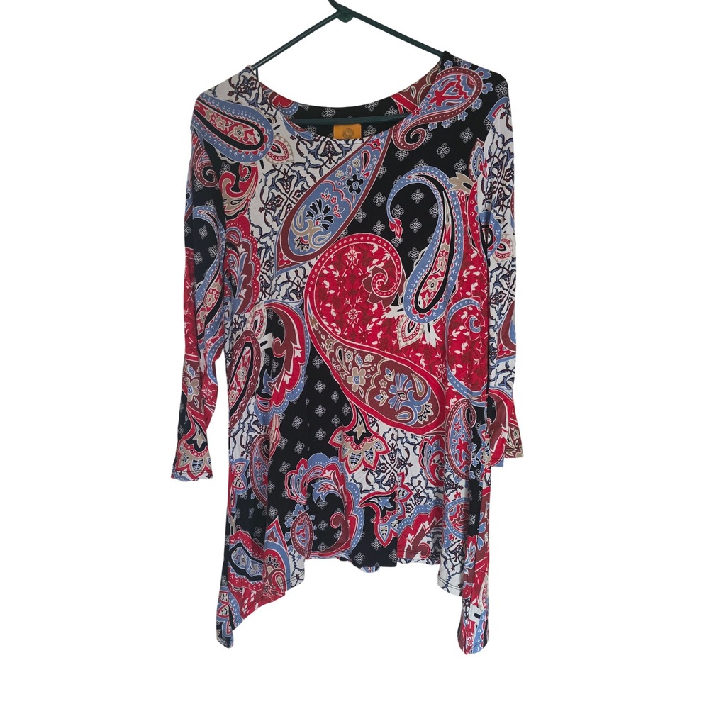 Ruby Rd Womens Medium Paisley Sharkbite Tunic Top Red Blue 3/4 Sleeve Knit